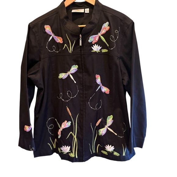 Quacker Factory XL Dragonfly Embroidered Jacket Black Zip Front Cotton Stretch - Picture 4 of 14